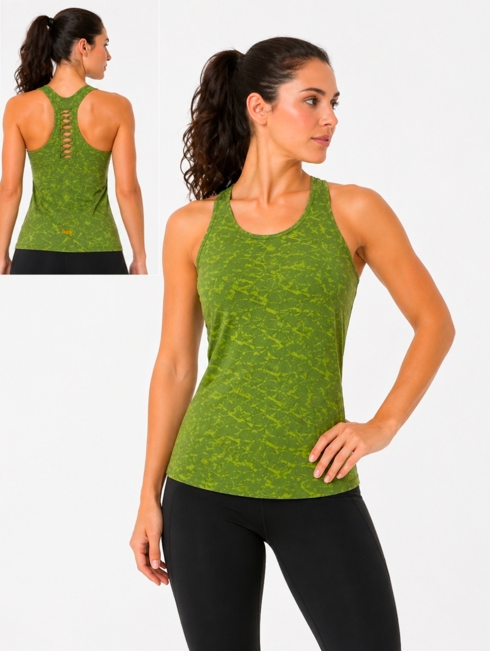 Lucy Lime Green Patterned Racerback Tank Top, Yoga, Athletic, Built-in Bra, M